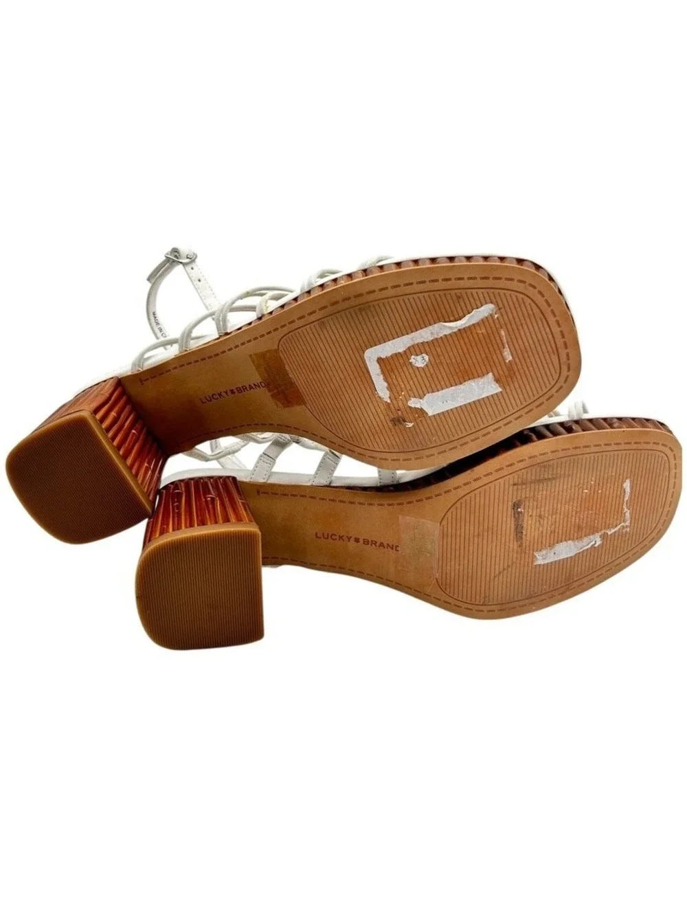 Lucky Brand Bassie White Strappy Knotted Bamboo Block Heel Sandal Women Size 10M